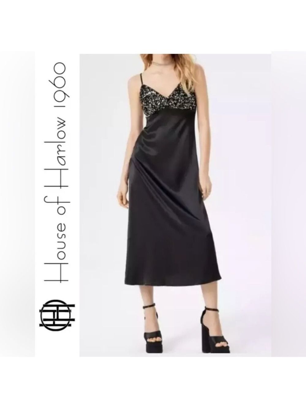 House of Harlow 1960 Black satin effect sequin midi Slip Dress Sz M NWT